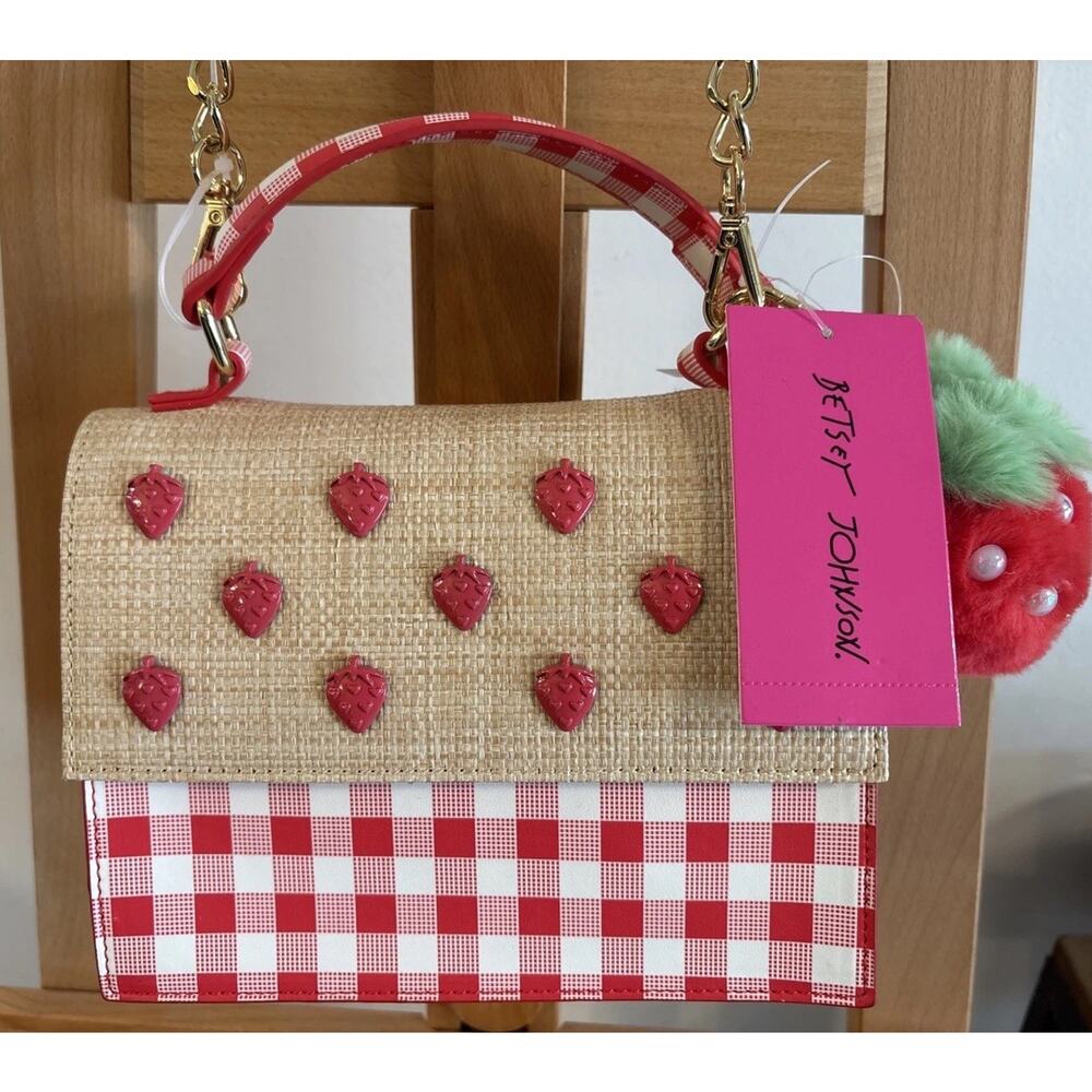 NWT Betsey Johnson XOMYLO2 Mini Crossbody Purse Bag Strawberry Charm Gingham $90
